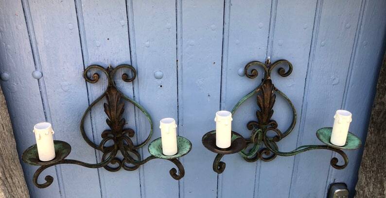 Art Deco Wrought Iron Wall Sconces: French Tole Twin Arm Lights