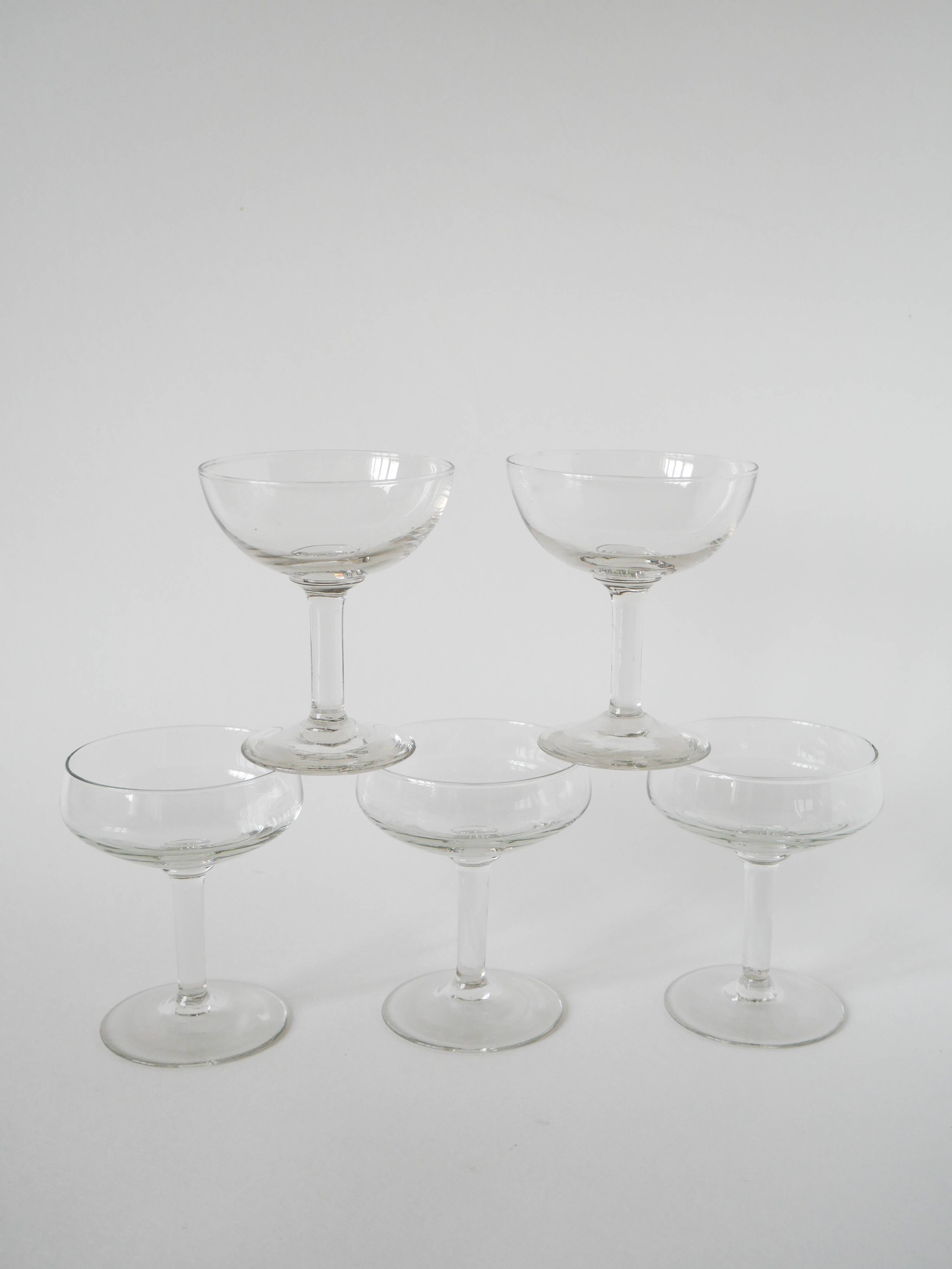 Magnificent set of 5 blown glass champagne glasses, early 20th century