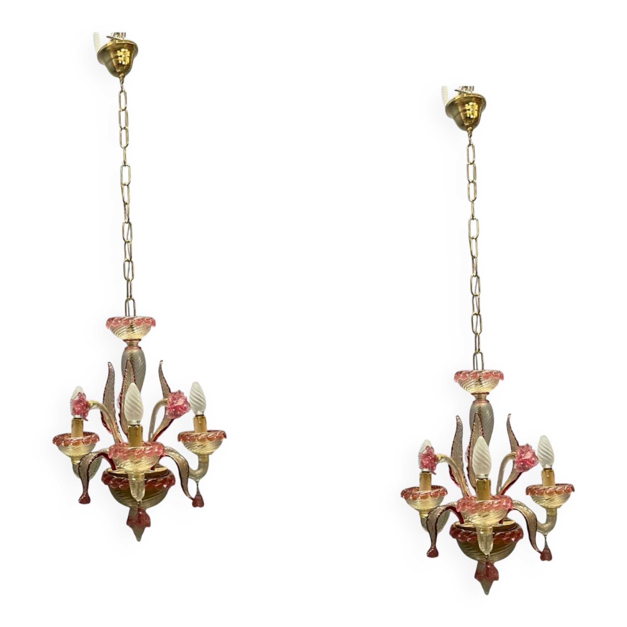 Venetian Pink Murano Glass Chandeliers Set of 2, 1960s