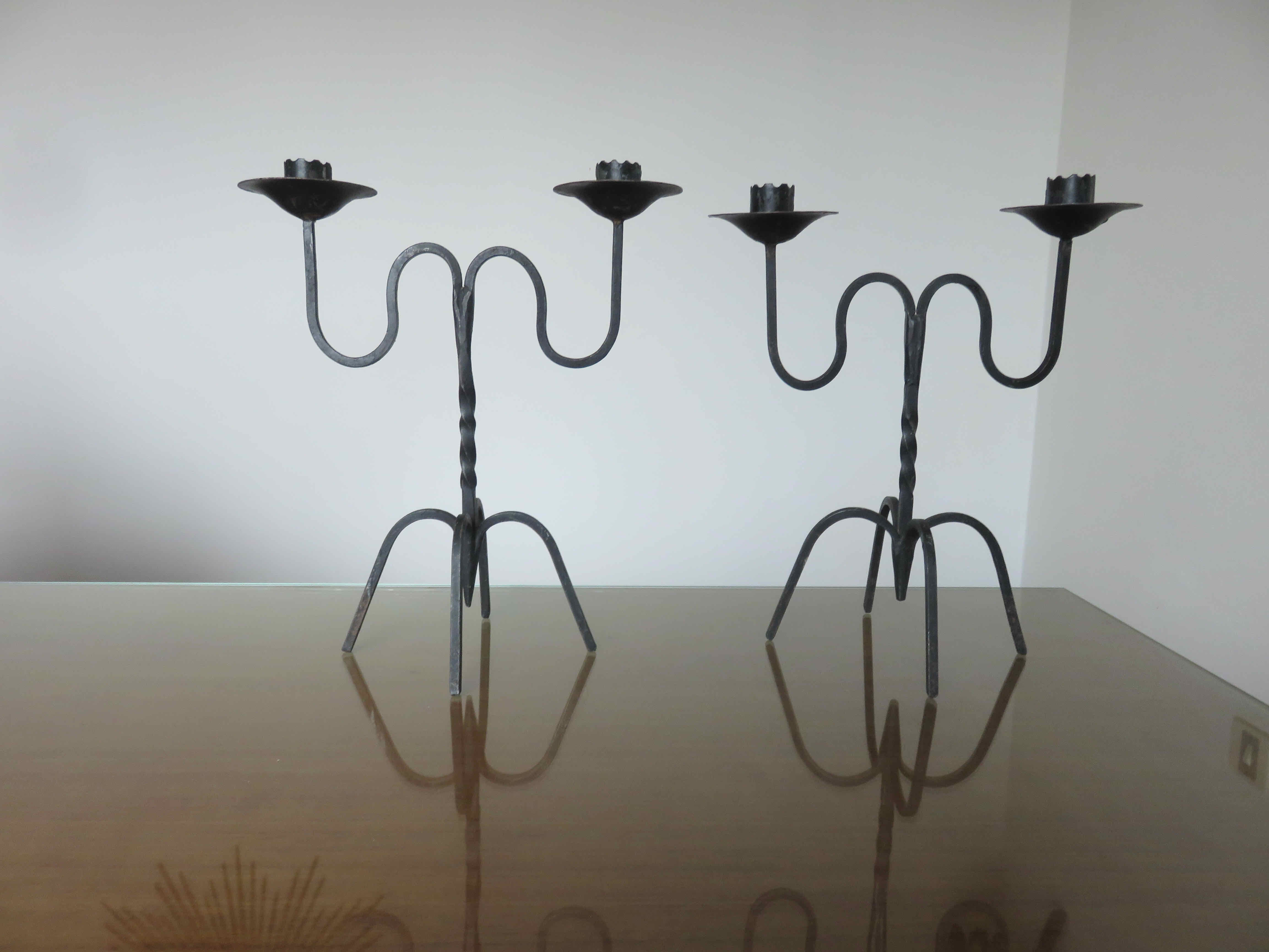 Pair of black wrought iron brutalist candlesticks 50s 60s
