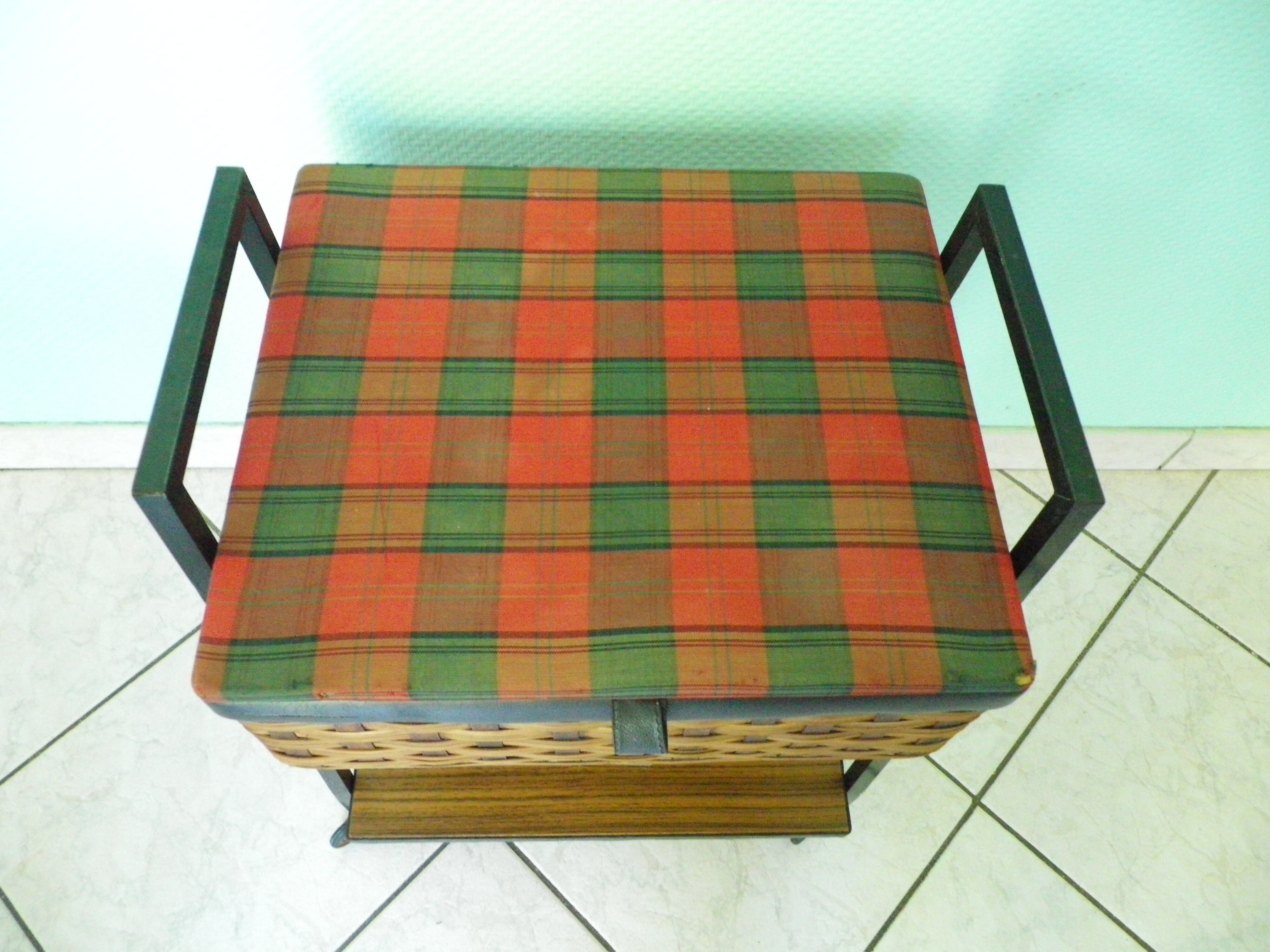 Vintage worker on wheels, rattan, fabric, skaÏ, metal with formica shelf
