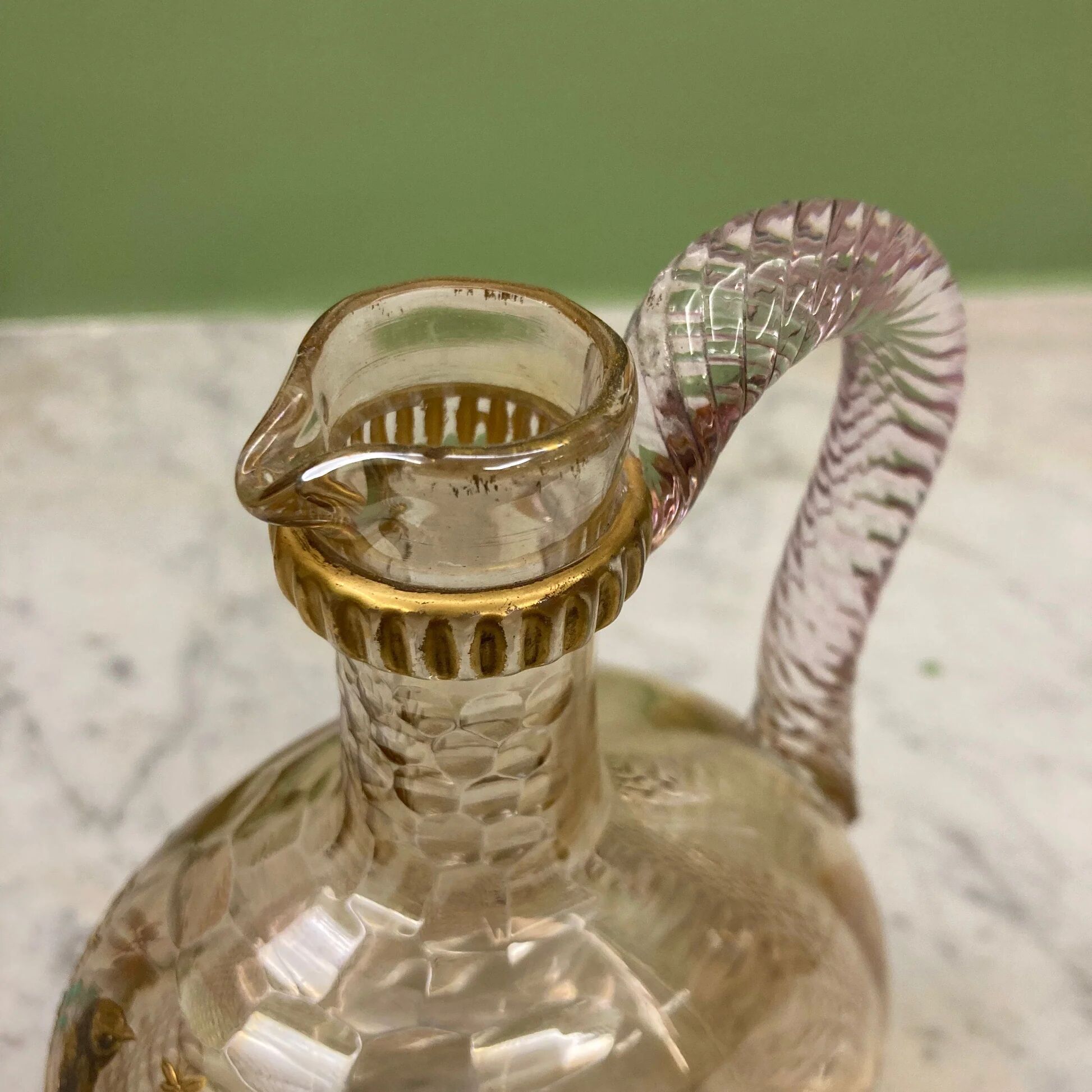 19th-century antique liqueur decanter (DLG Baccarat) cut crystal with bird decoration.