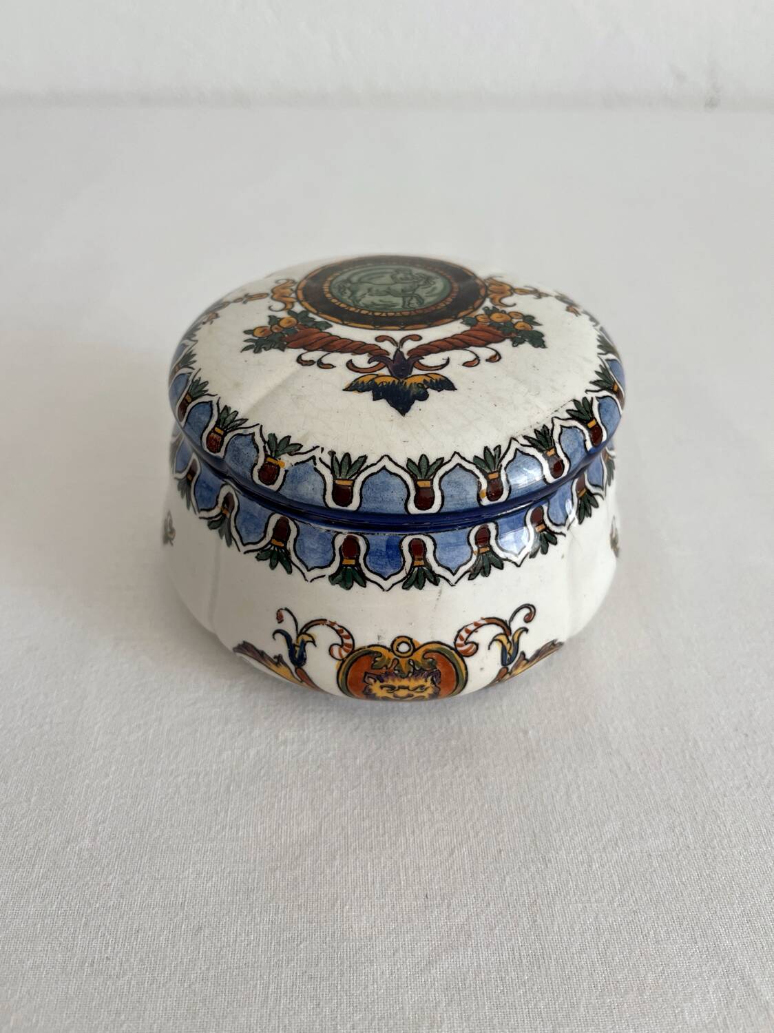 Antique Gien earthenware candy box with Renaissance decor