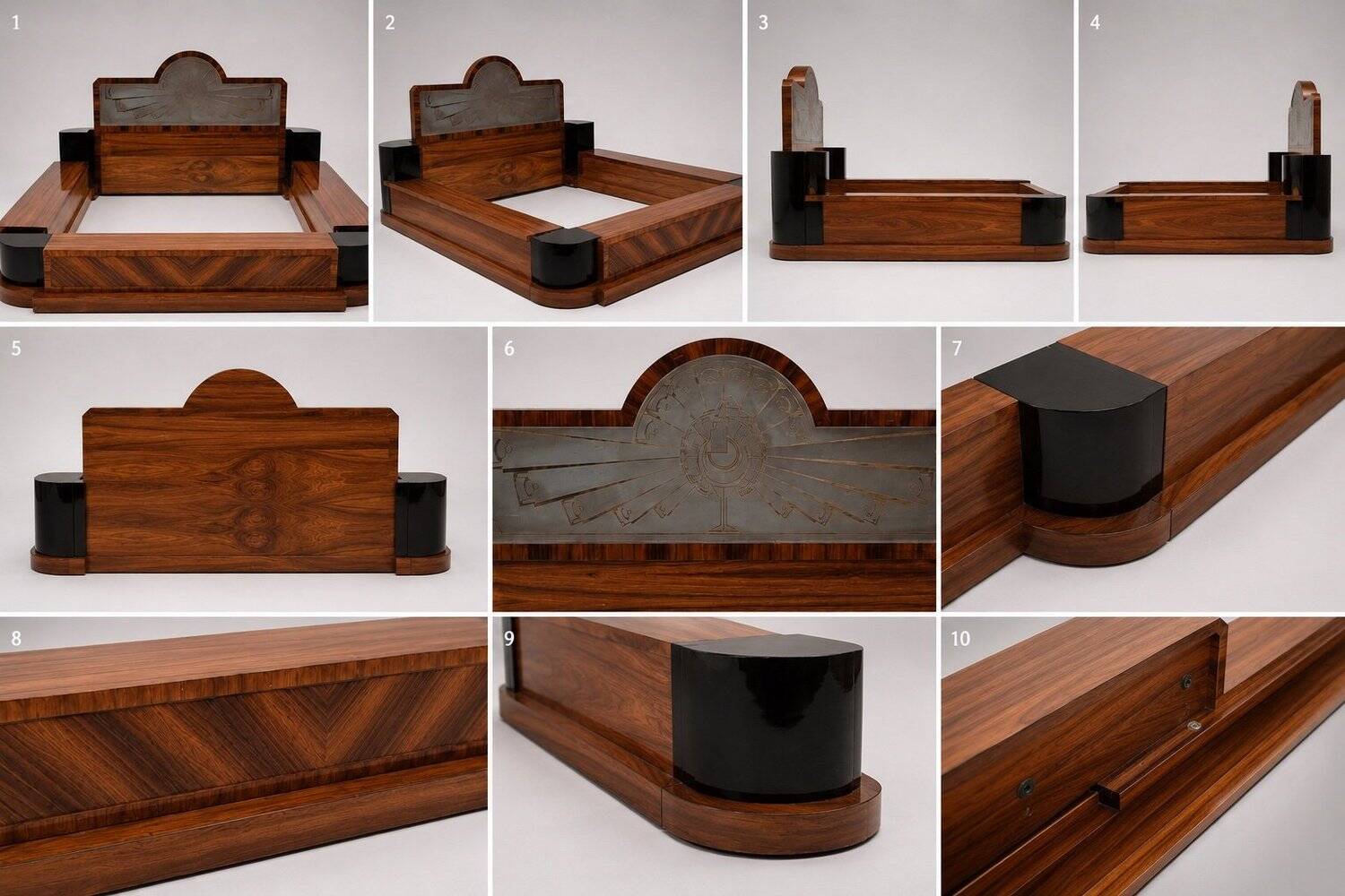 Double bed Art Deco – Rosewood, black lacquer and frosted glass – 1930s