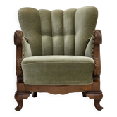 1960s, Danish armchair, green furniture velour, carved oak wood.