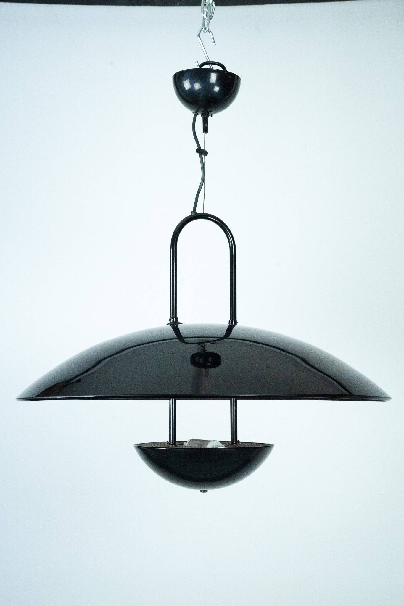 Vintage 1990s Black Pendant Lamp with Glass Top Shade. Italy
