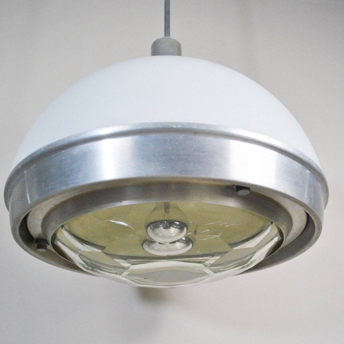 Suspended lamp in plexiglass and steel with faceted glass light by Pia Guidetti Crippa, 1960s.