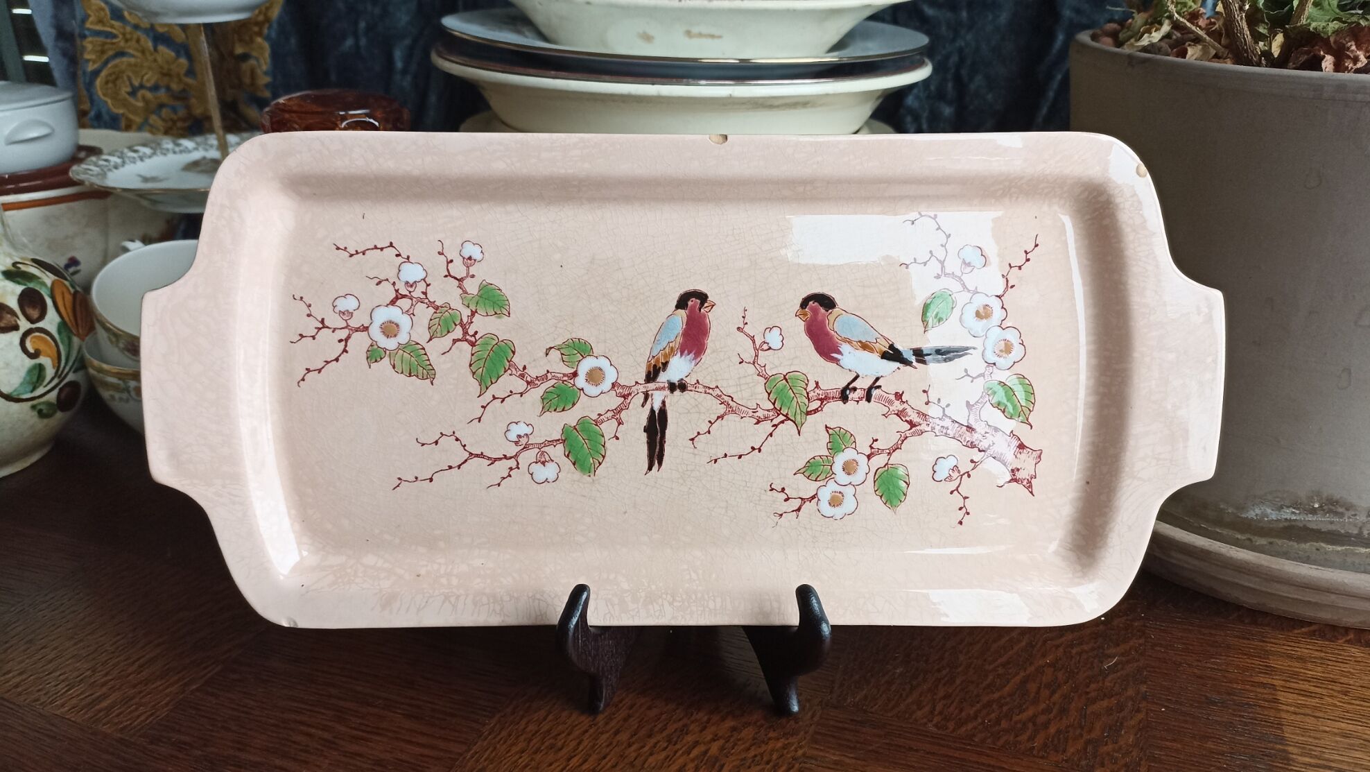 Art Deco cake dish by Longwy in pink earthenware and cloisonné enamels