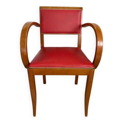 Fauteuil bridge en bois courbé et vinyle rouge, 1950