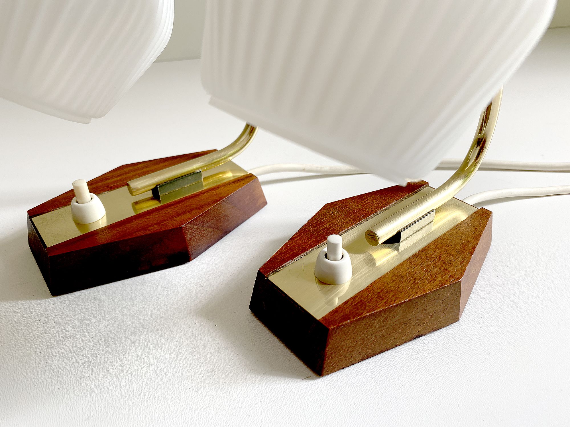 Pair of Scandinavian vintage table or bedside lamps, teak and glass, 60s