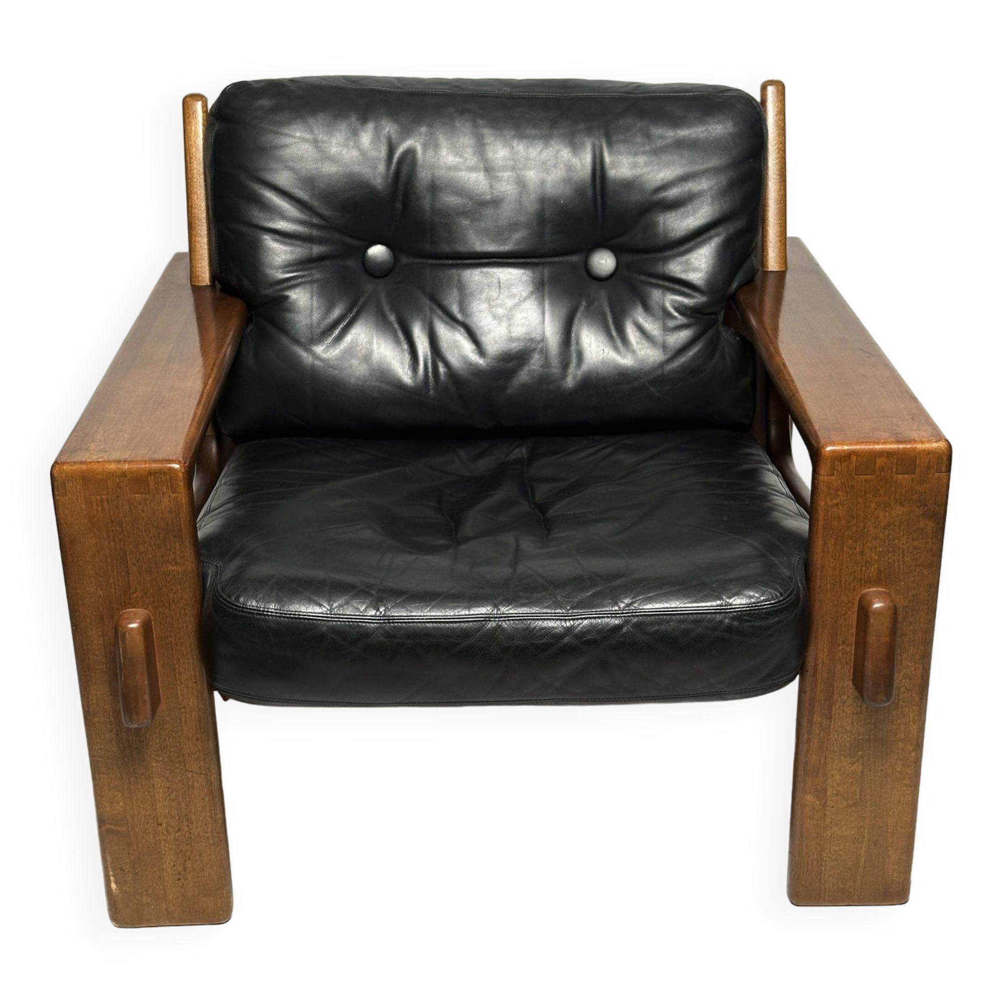 Black leather and wood armchair by Esko Pajamies, 1960s, Finland.