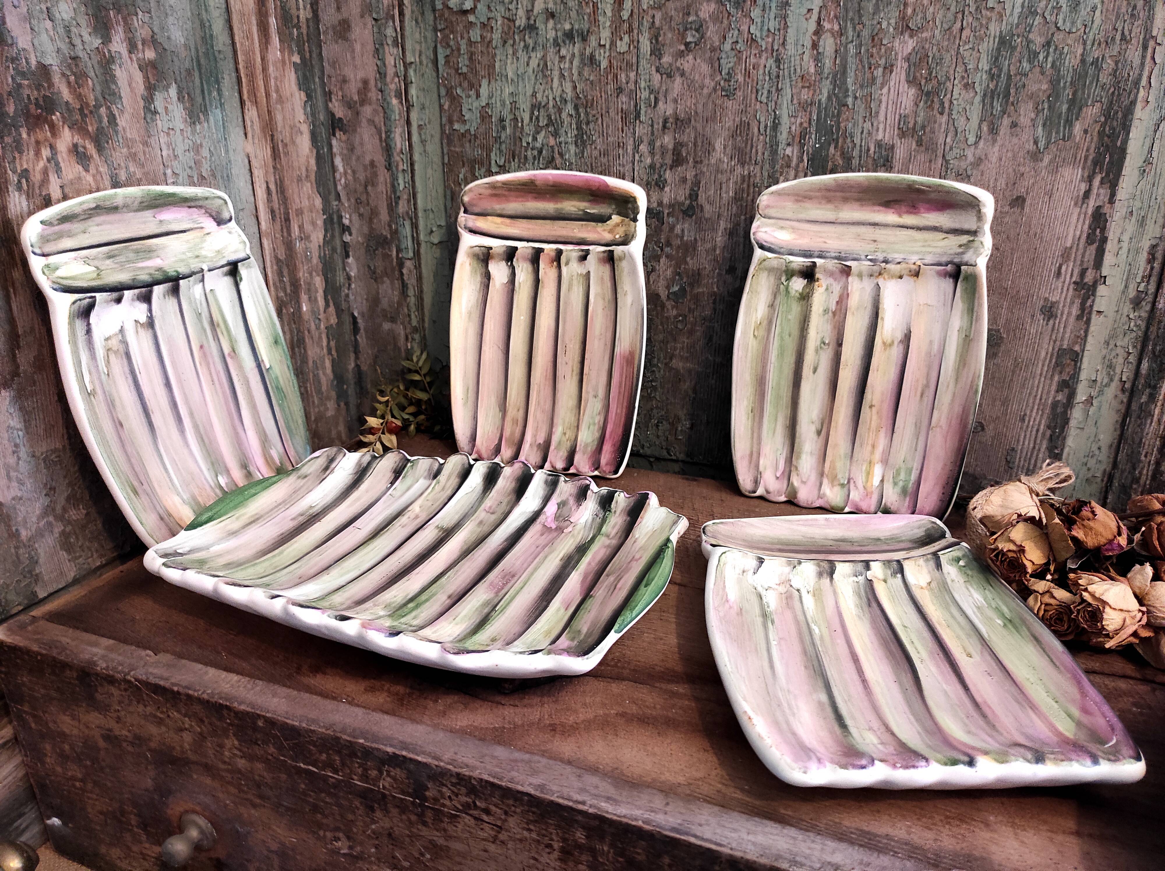 French vintage set of 1 tray and 4 plates for asparagus, by Vallauris
