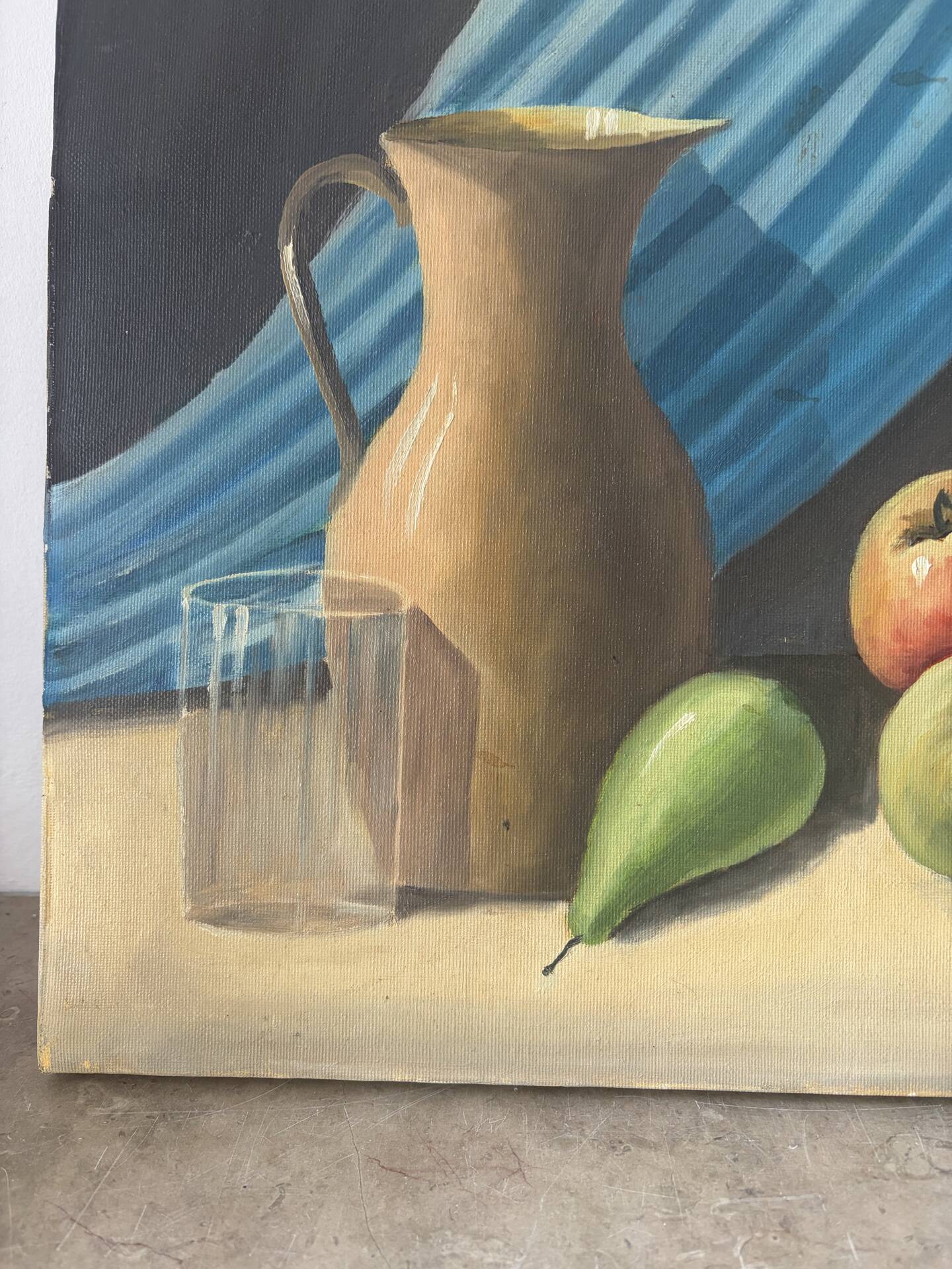 Still life with blue veil, oil on canvas signed