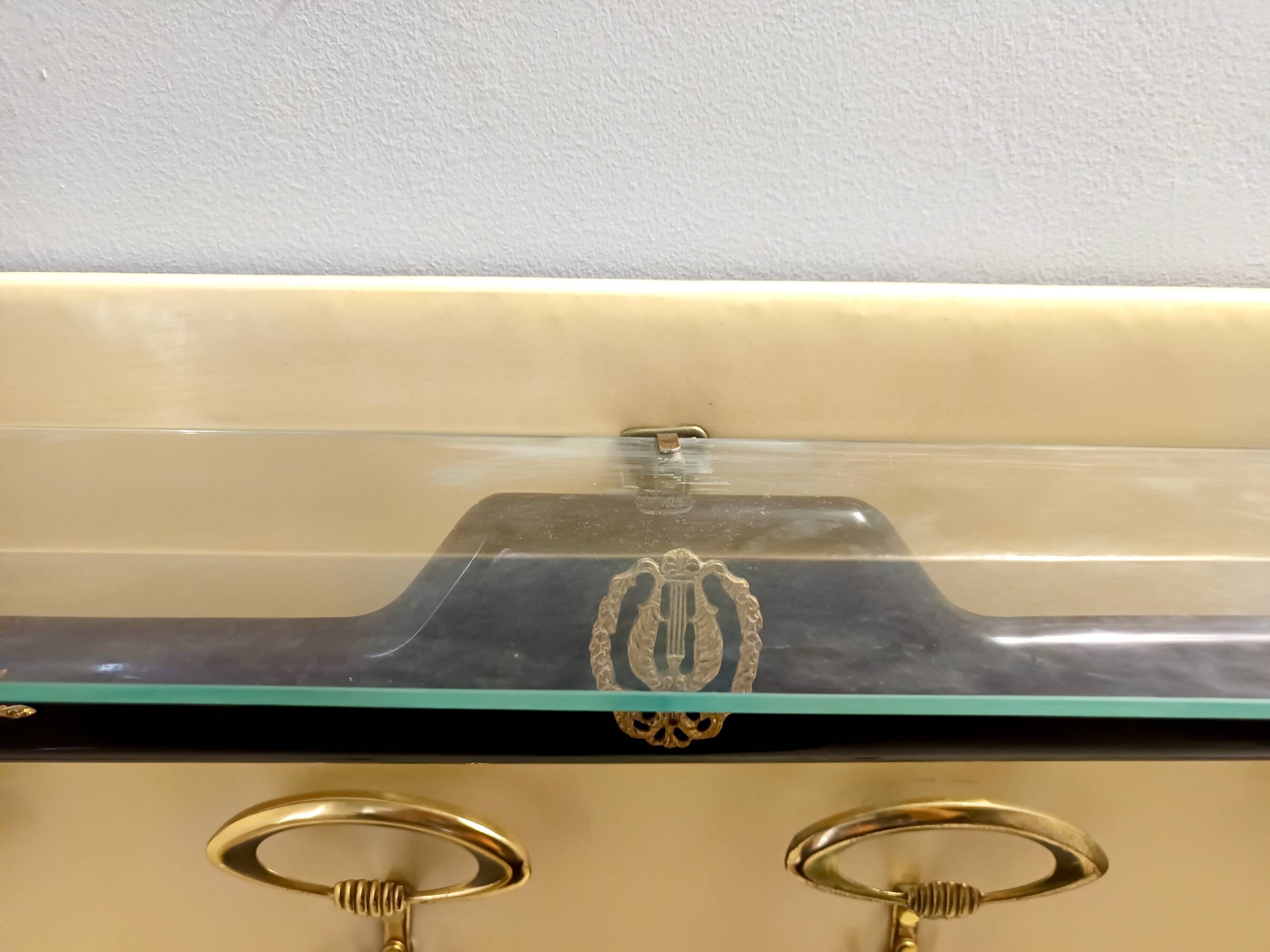Vintage Ebonized Beech, Brass, Skai and Glass Coat Rack, Italy