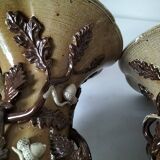 Duo of naturalistic stoneware vases – oak branches & acorns in relief