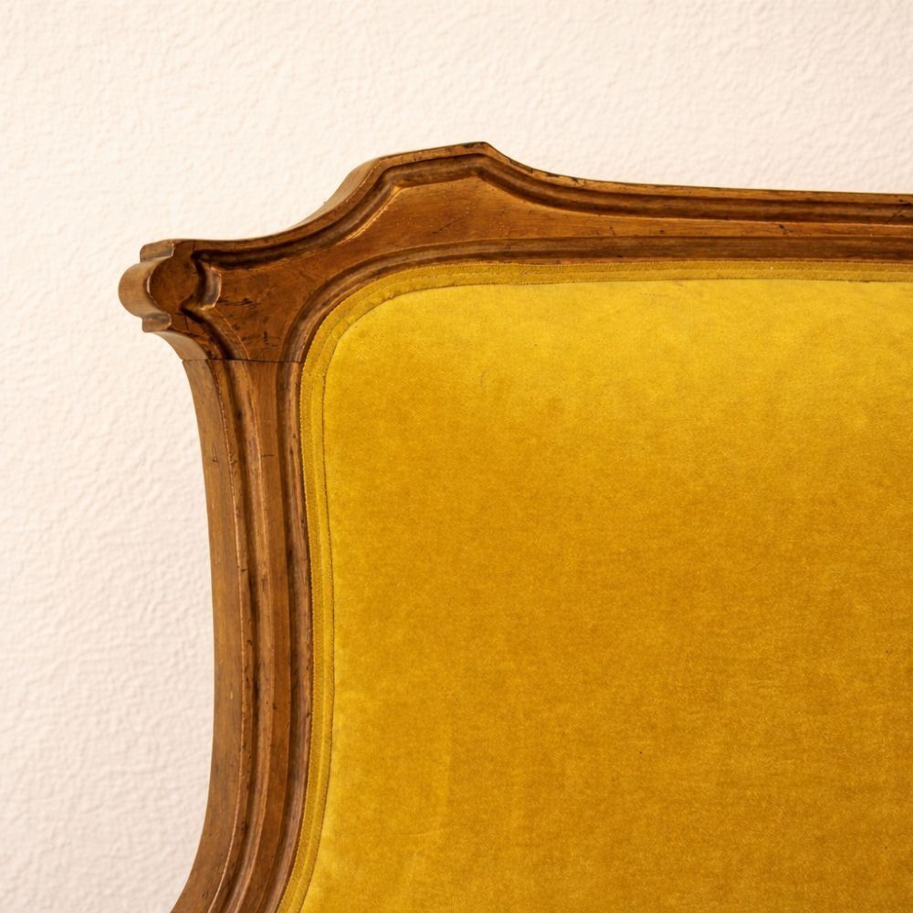 Art Nouveau walnut and mustard velvet sofa