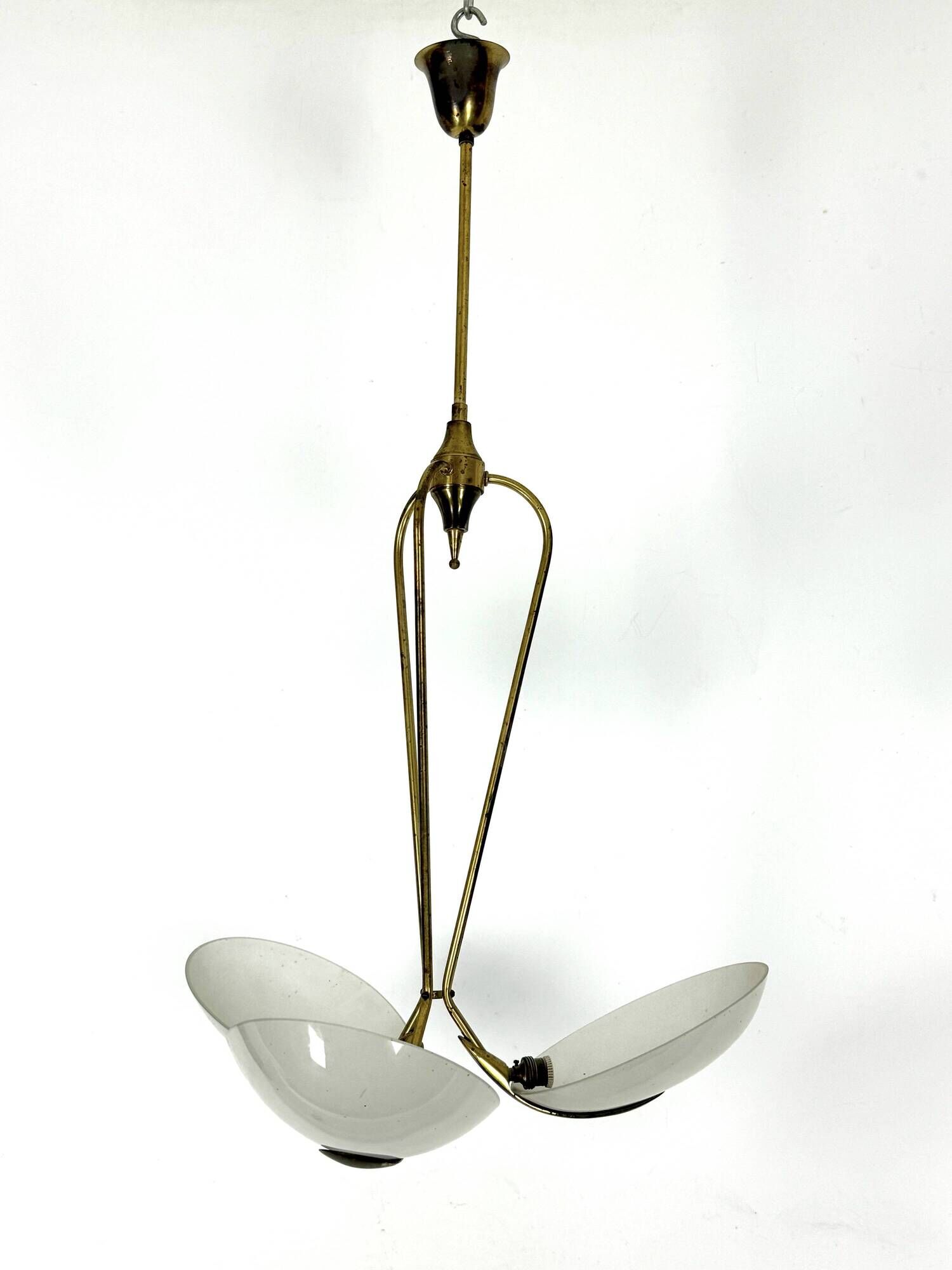 Vintage Italian brass and curved glass chandelier from 1950s