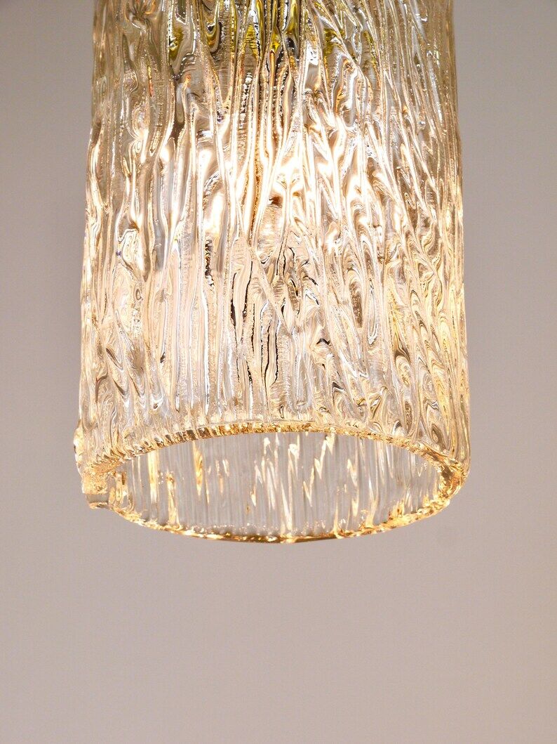 J.T. Kalmar Vienna Midcentury Textured Ice Glass Tube Brass Pendant Lamp, Austria, 1950s
