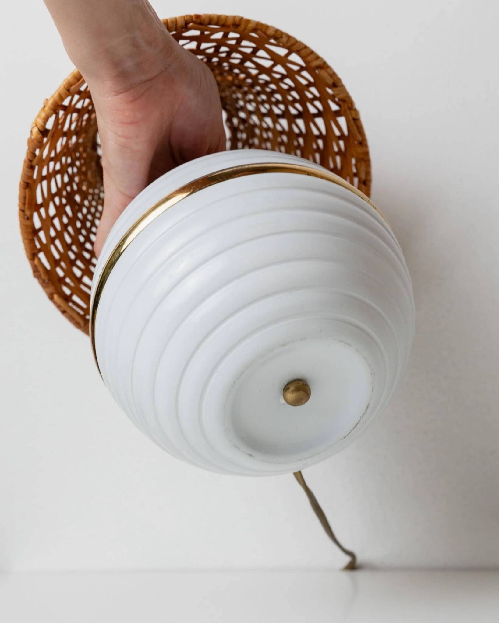 Pair of vintage table lamps – white metal with rattan shades, gold details, Italy 1980s