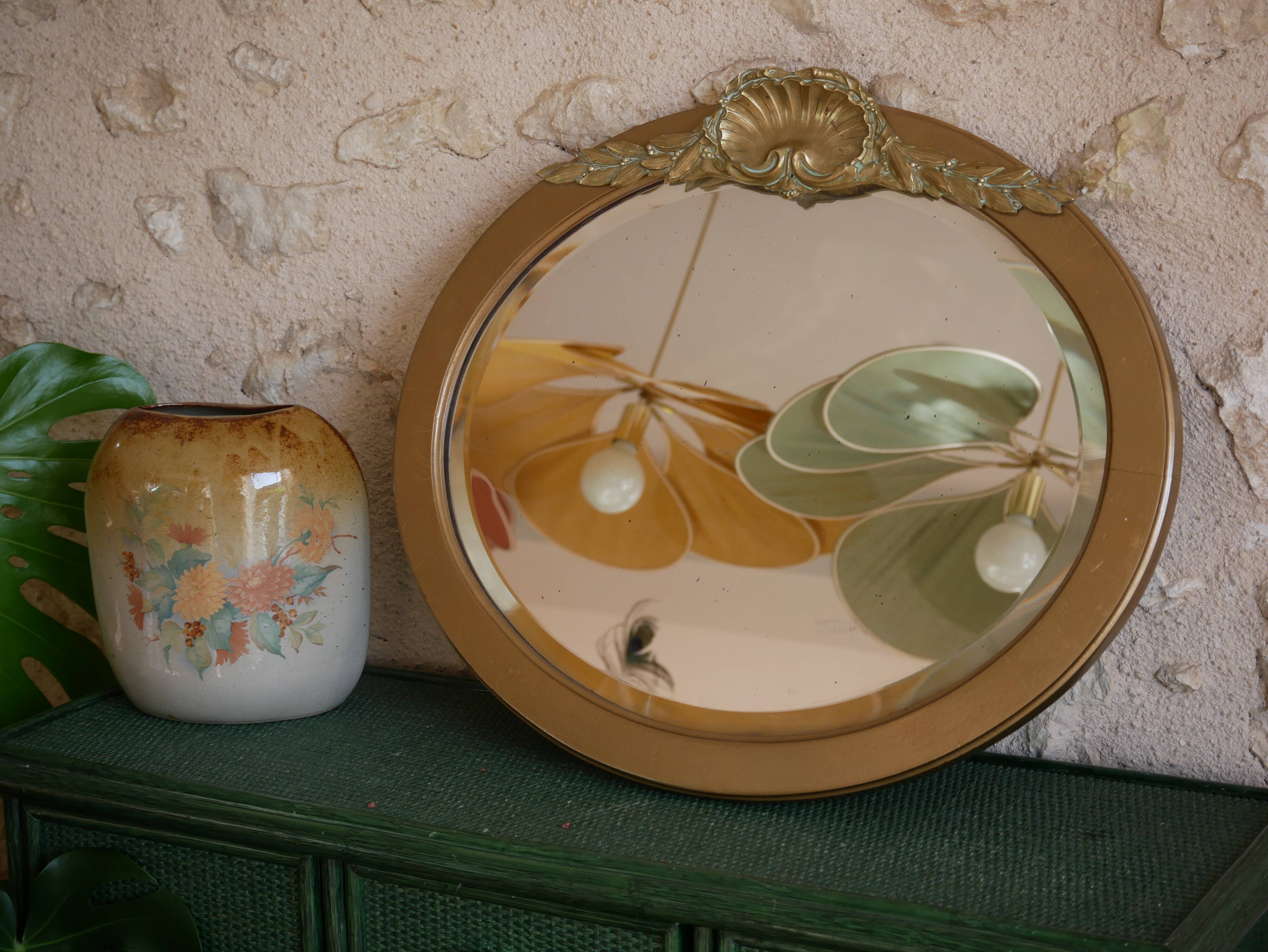 Golden wooden art deco oval mirror - 50x58cm