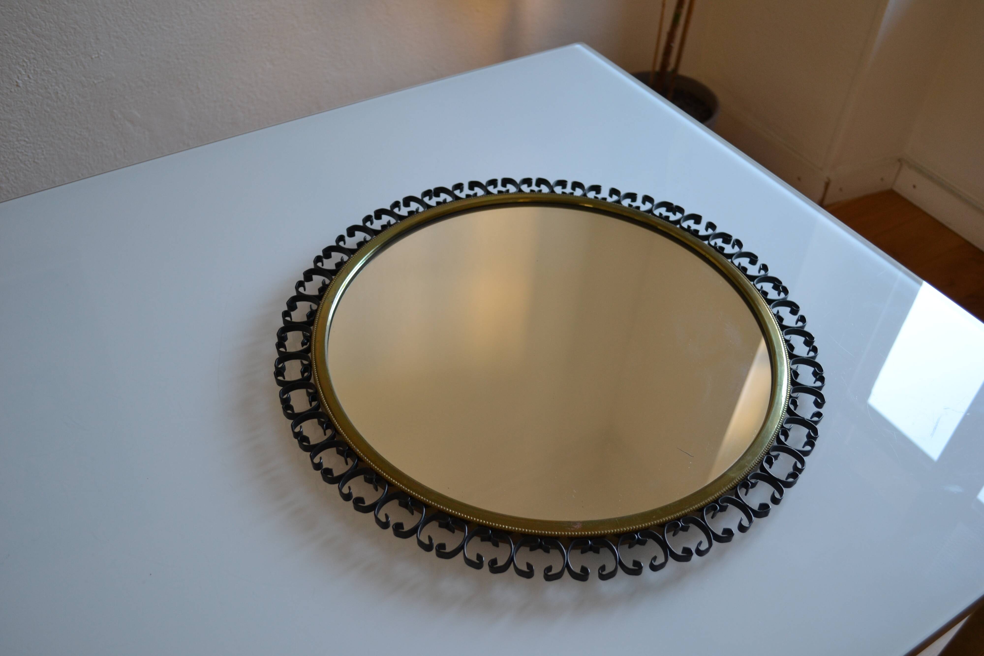 1960s brass and wrought iron sun mirror