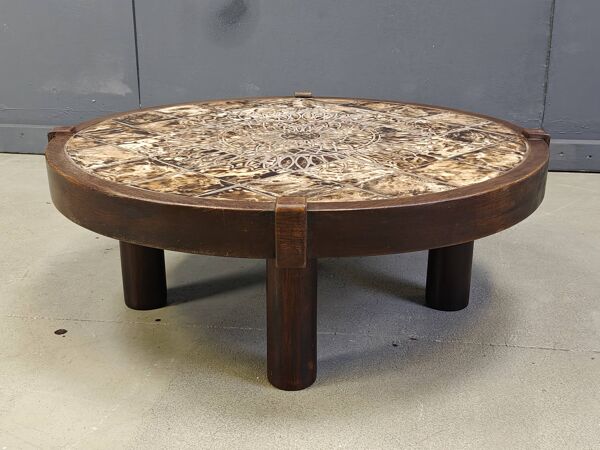 Table basse ronde en céramique de Vallauris par Barrois, années 1960