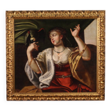 Tableau ancien du XVIIIe siècle, Dame au perroquet