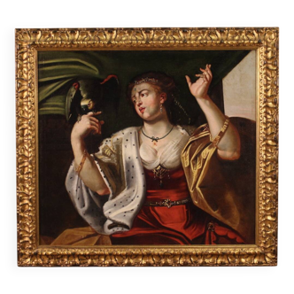 18th century antique painting, Lady with parrot