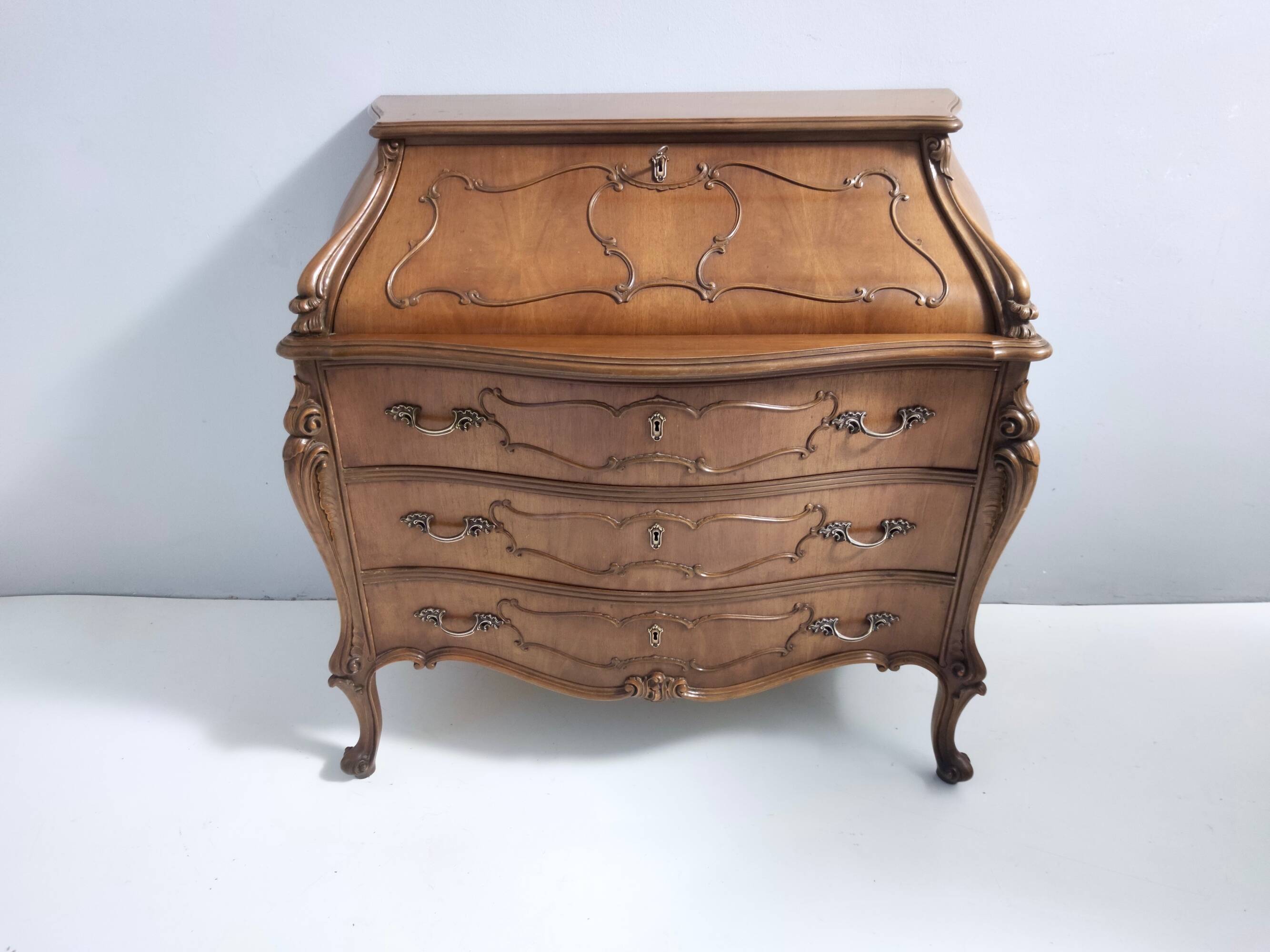 Vintage Baroque Solid Walnut Dresser with Inlaid Designs, Italy