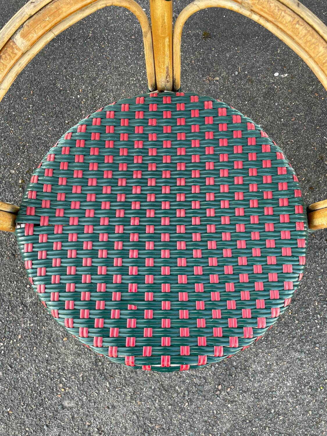 Pair of bistro chairs in bamboo and two-tone weaving