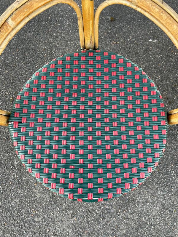 Paire de chaises de bistrot en bambou et tressage bicolore