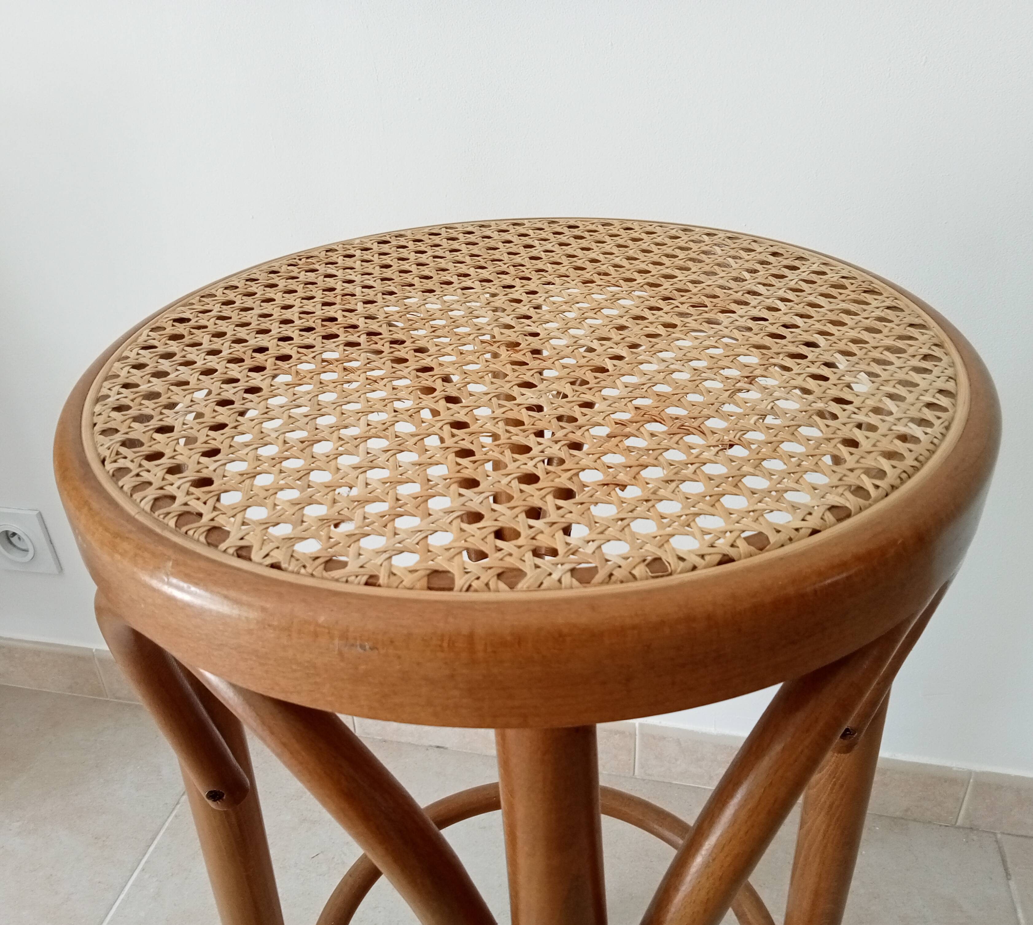 Vintage curved wooden high stool and tanned seat