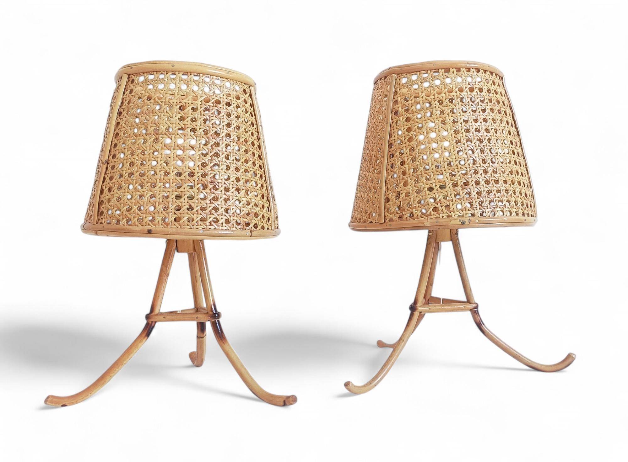 Mid-Century Bamboo and Cane Pair of Large Table Lamps By Louis Sognot, 1970s