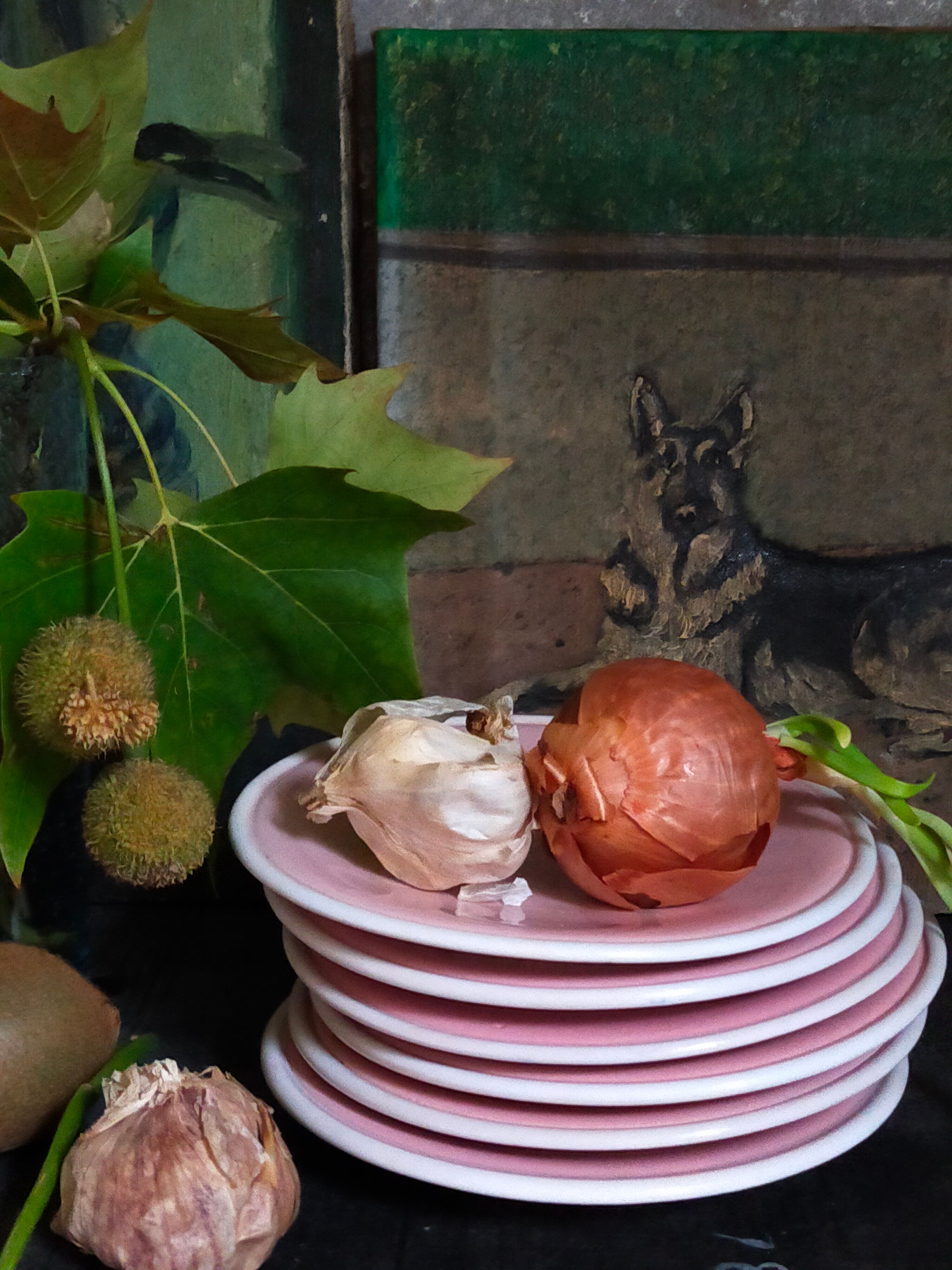 Six old pink earthenware dessert plates