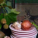 Six old pink earthenware dessert plates