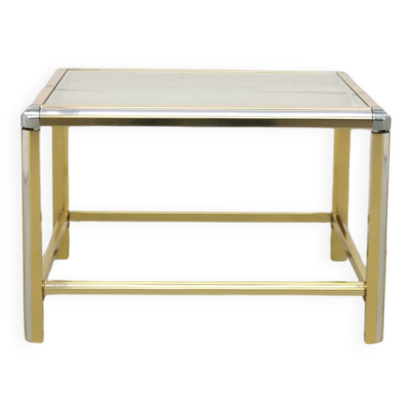 table basse vintage dorée et argentée avec plateau en verre