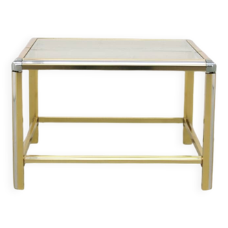 table basse vintage dorée et argentée avec plateau en verre