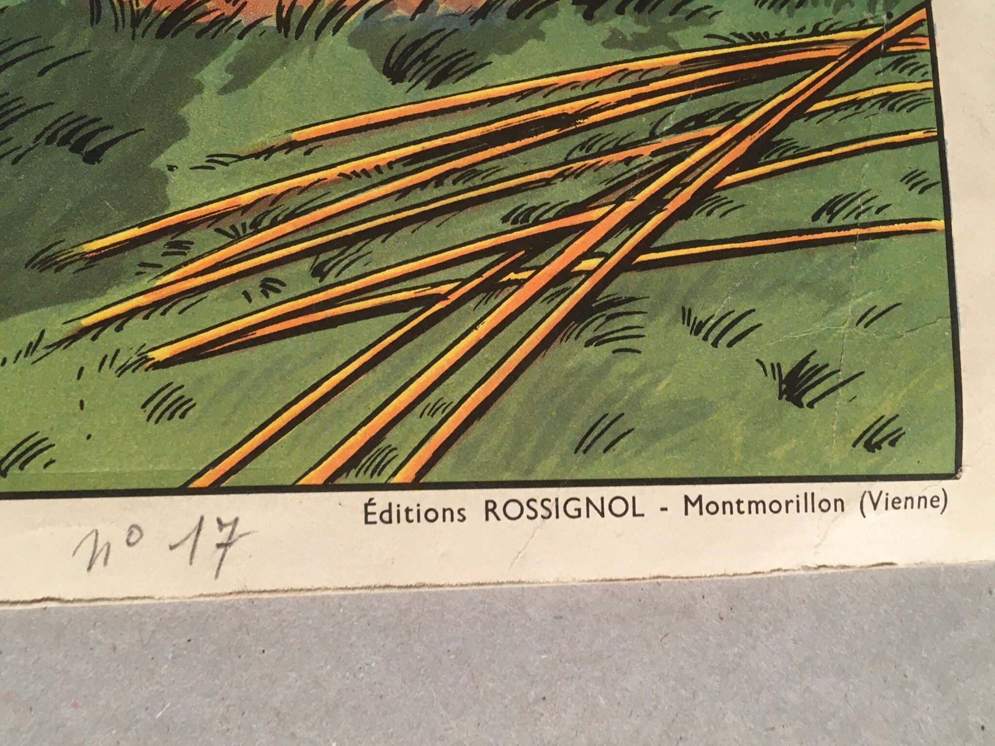 Affiche scolaire école vintage scène de vie recto « Les bohémiens" verso "Vacances au bord de la mer" pour Rossignol années 50
