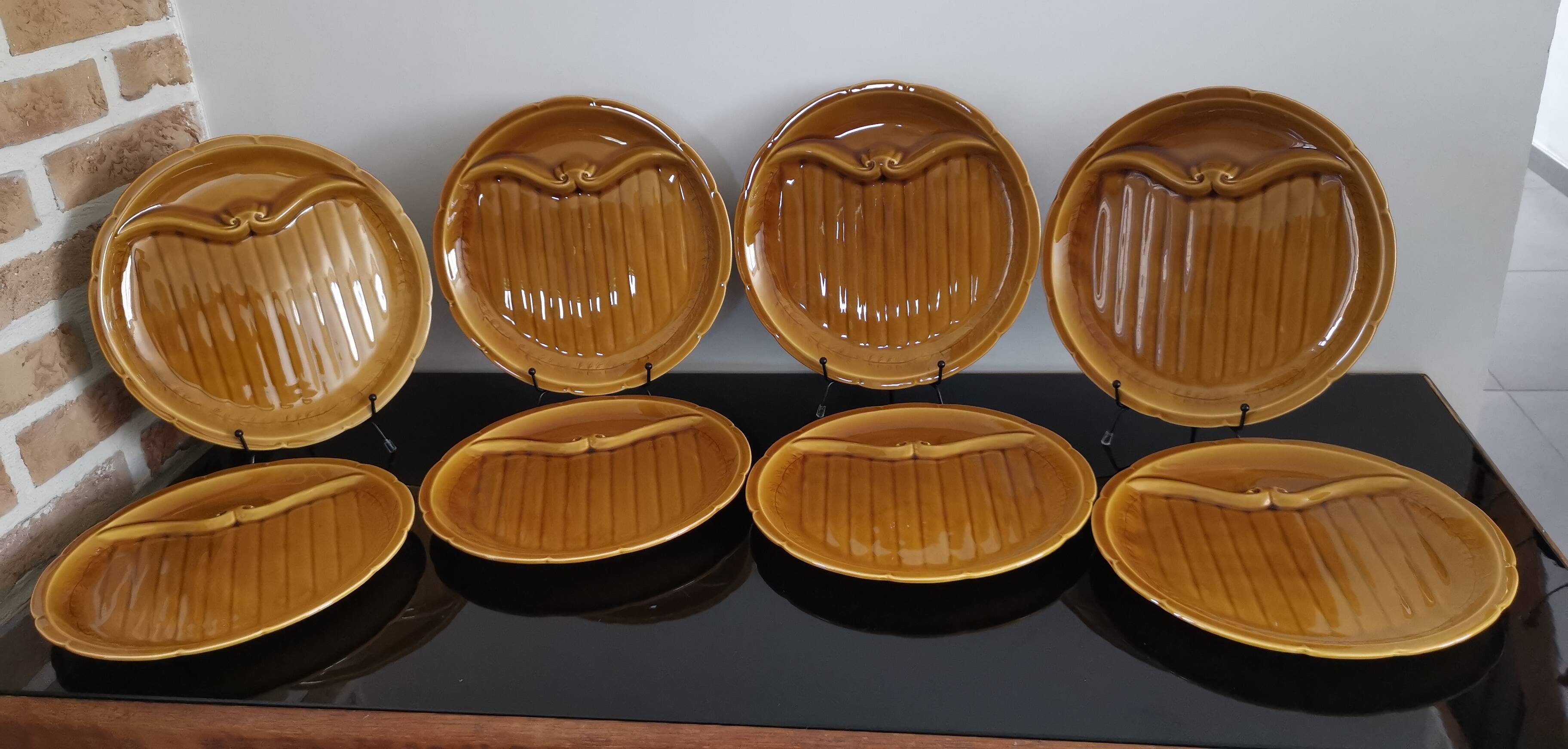8 vintage Gien France asparagus plates in glazed brown slip
