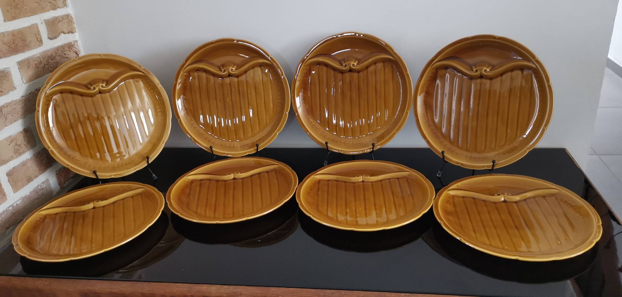 8 vintage Gien France asparagus plates in glazed brown slip
