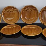 8 vintage Gien France asparagus plates in glazed brown slip