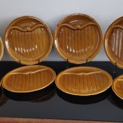 8 vintage Gien France asparagus plates in glazed brown slip