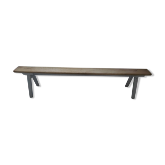 Farm bench, pearl grey patinated oak bed end, wood seat waxed finish.