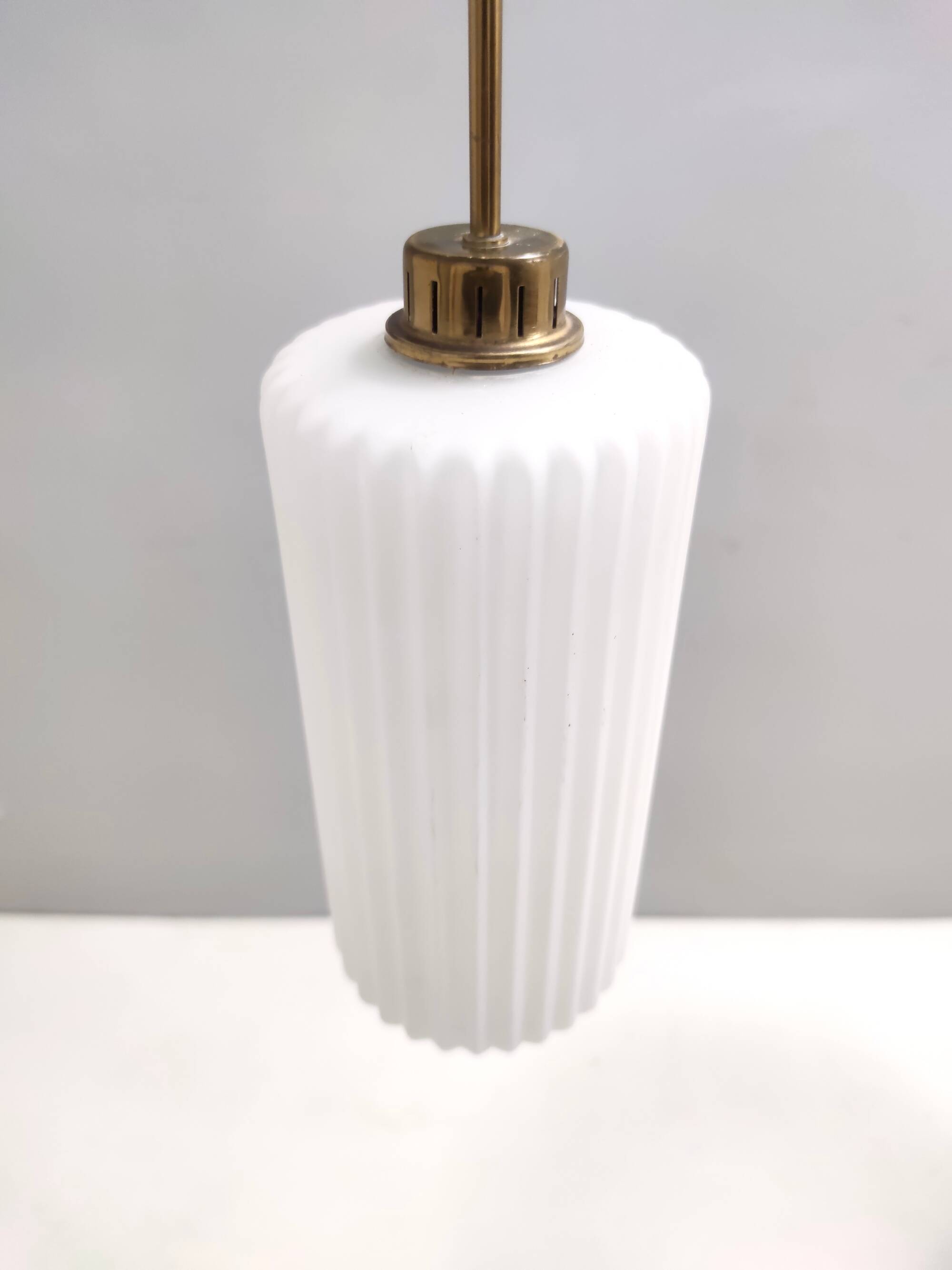 Vintage Glazed Opaline Glass, Teak and Brass Pendant, Italy