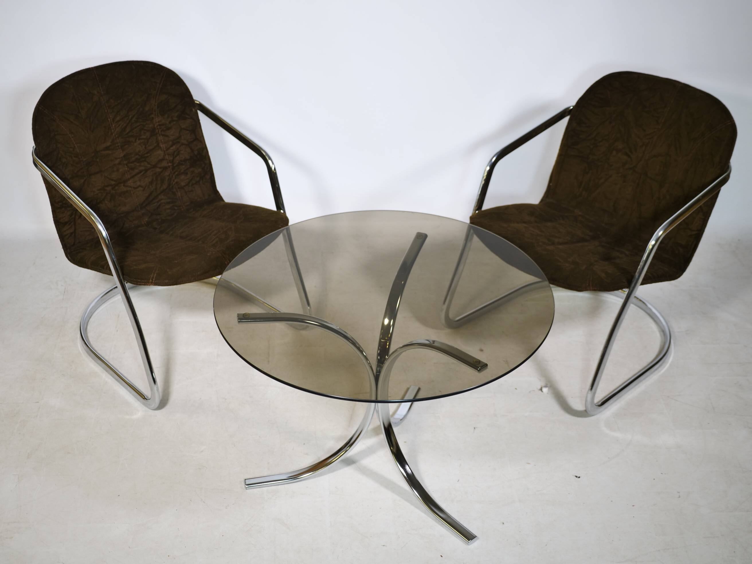 Armchairs and Coffee Table in Chrome and Smoked Glass, Set of 3, 1970s