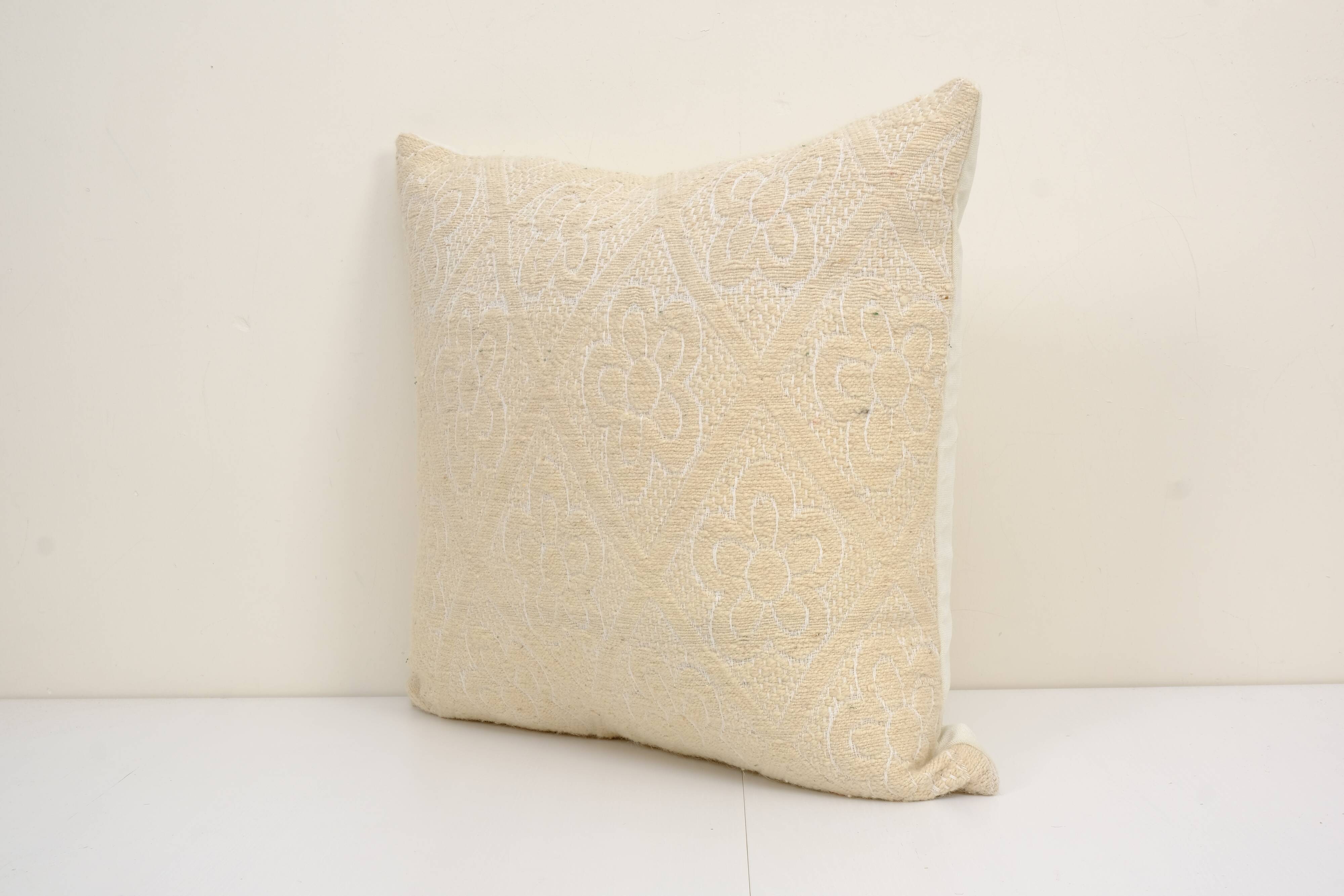 Square white kilim pillow with floral motif, handmade tribal vintage kilim pillow, boho throw pillow