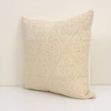 Square white kilim pillow with floral motif, handmade tribal vintage kilim pillow, boho throw pillow