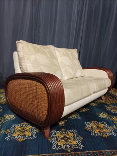 Vintage sofa in fabric and rattan
