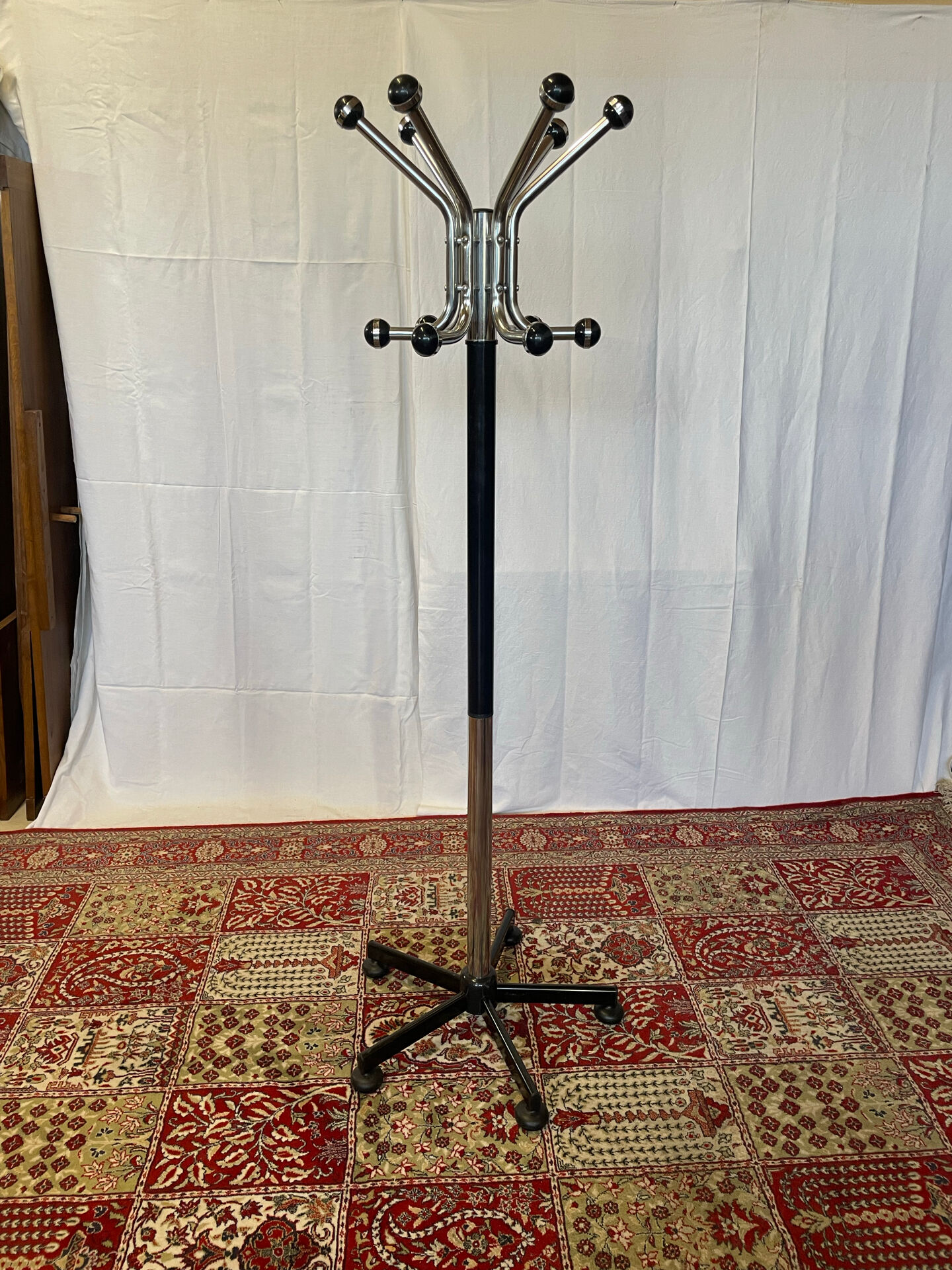 Vintage chrome and black metal parrot coat rack