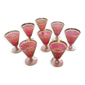 Lot de 8 petits verres taillés rouge/grenat et dorure ancien ACC-7053